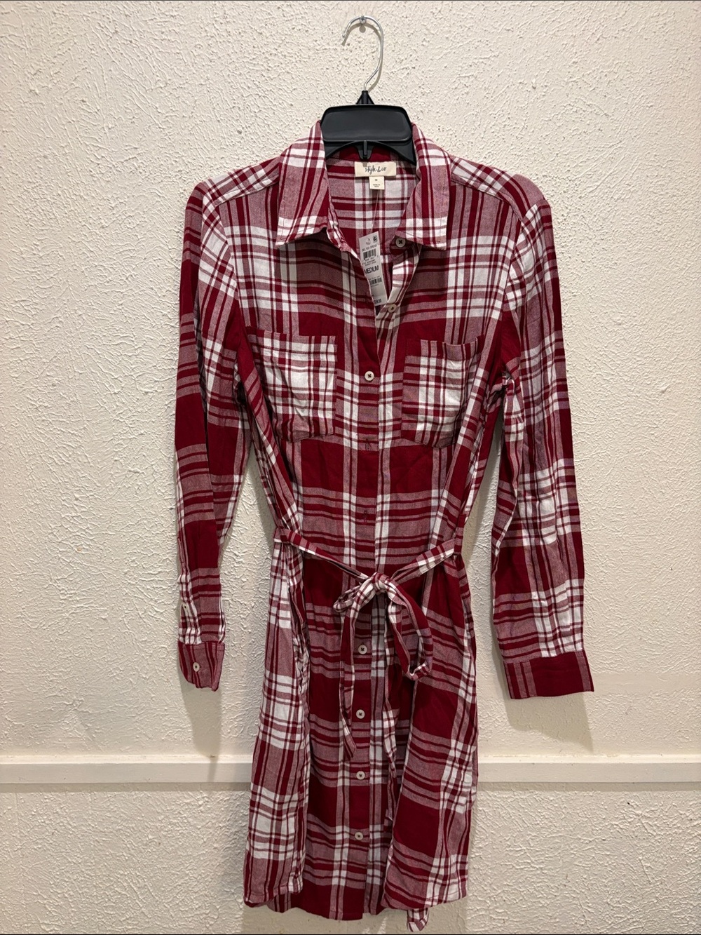 Style & Co. Red and White Plaid Long-Sleeve Shirt Dress